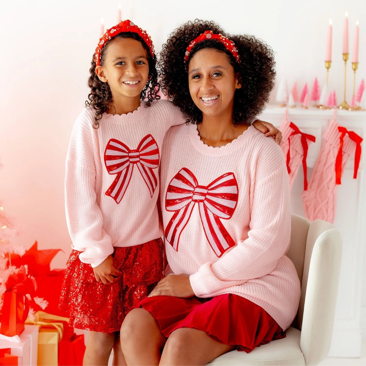 Candy Cane Swirl Sequin Bow Patch Sweater