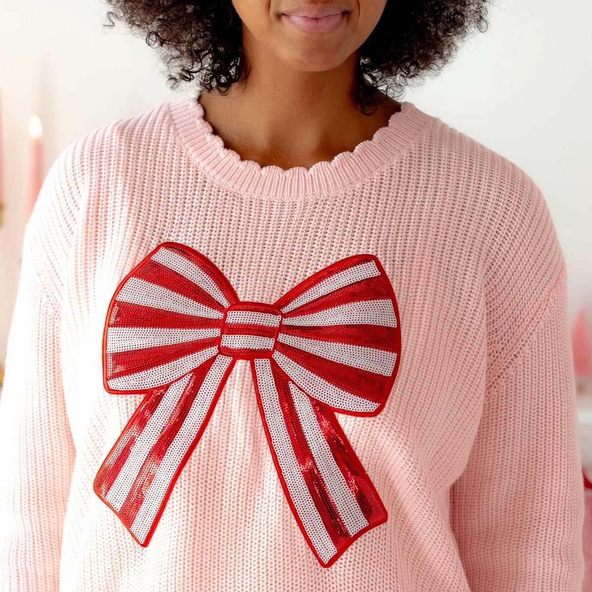 Candy Cane Sequin Bow Patch | Women's Sweater
