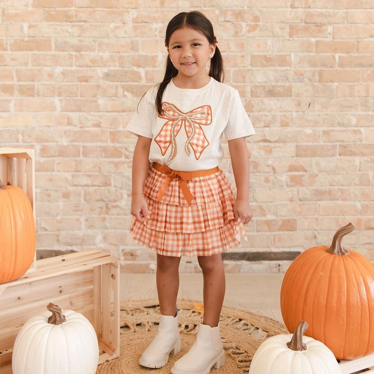 Cinnamon Plaid Bow Patch Short Sleeve T-Shirt