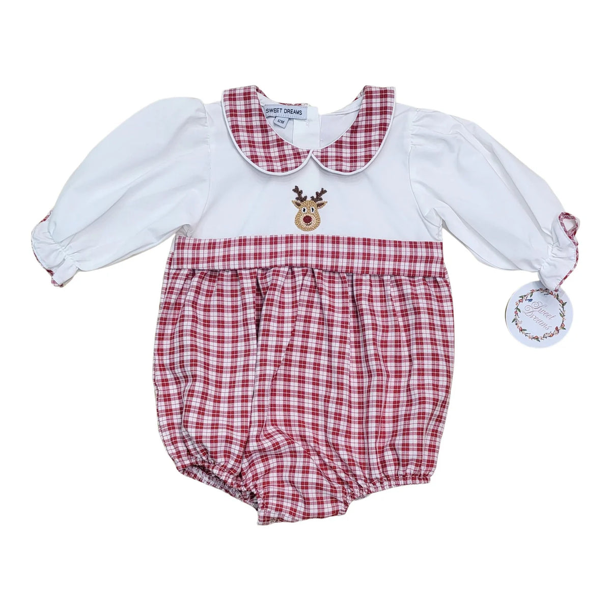 Embroidered Rudolf White & Red Plaid Bubble