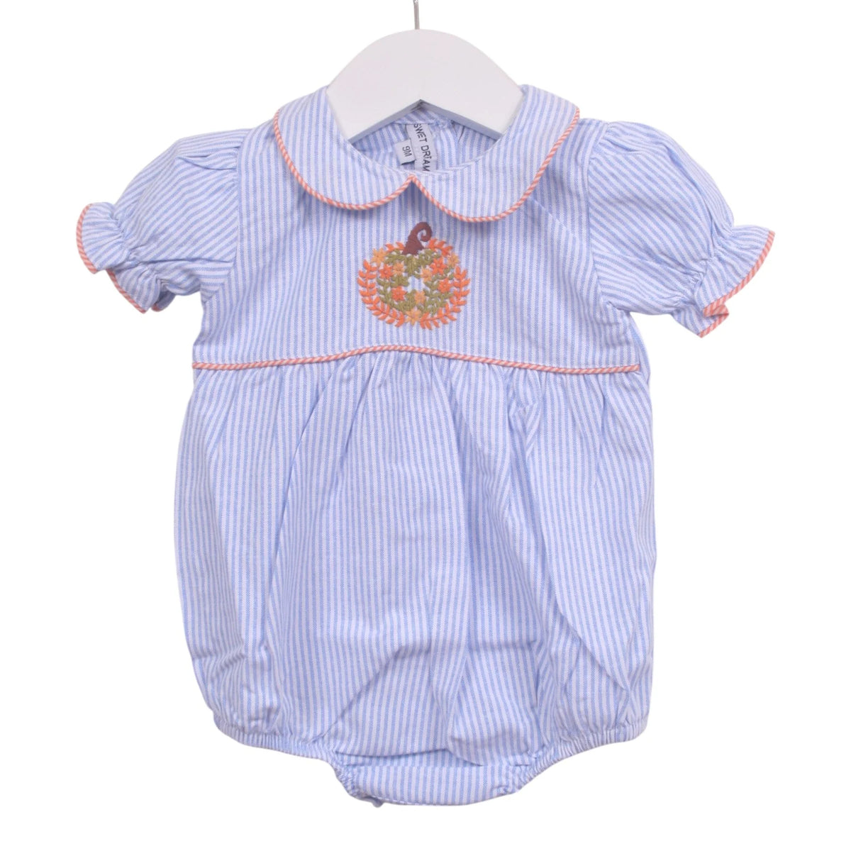 Pumpkin Embroidered Blue Stripe | Girls Bubble
